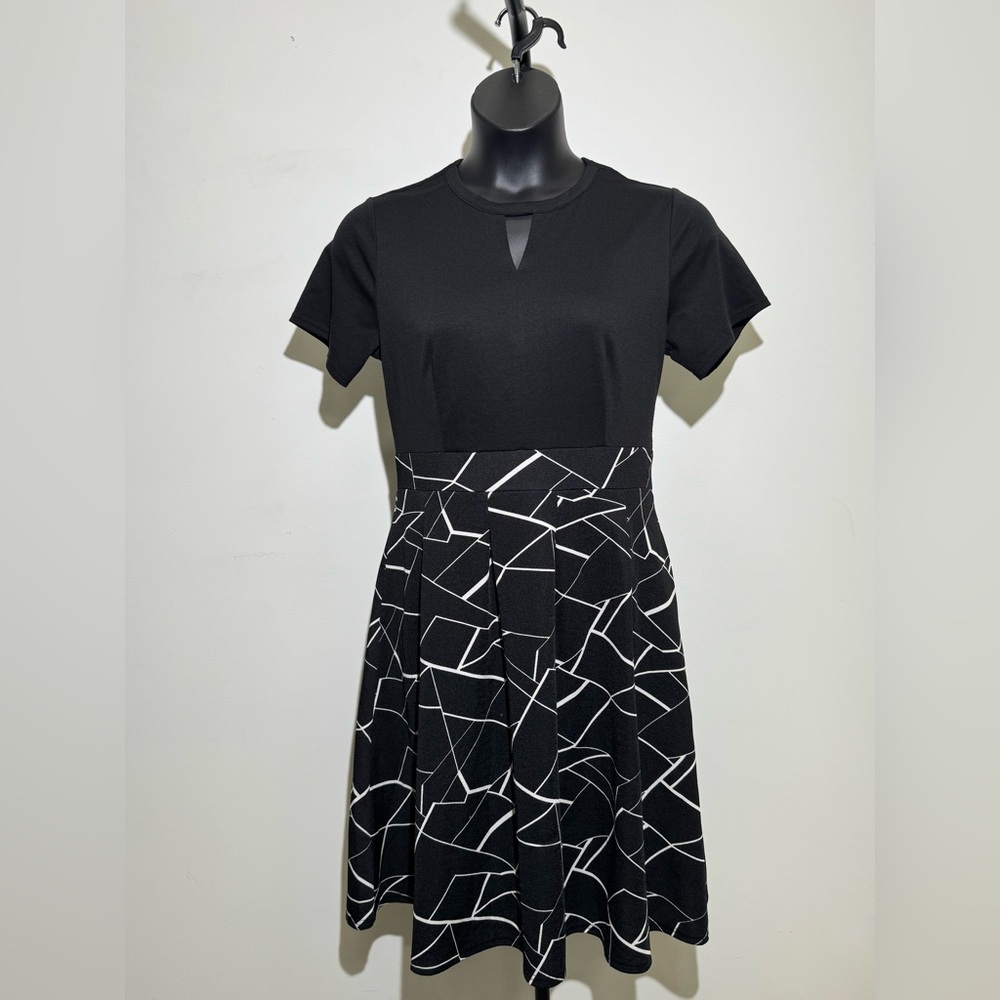 Yathon XL Black Fit & Flare Dress Geometric Print Work Dress